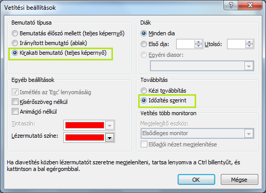 A képen a Vetítési beállítások munkaablak látható