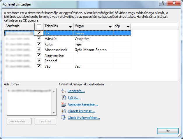 A címzettek listáját tartalmazó munkaablak