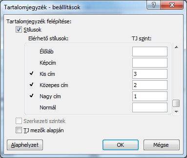 Az ábra azt az ablakot mutatja, amelyben az egyes tartalomjegyzék- szintekhez hozzárendeljük a stílusokat