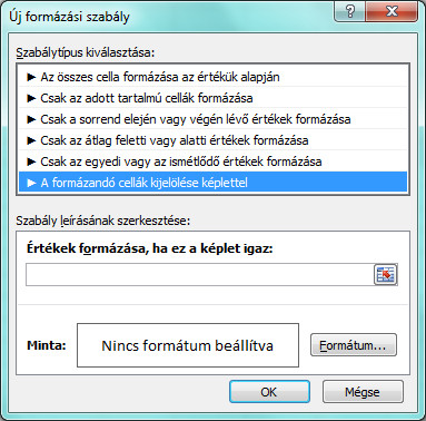 Új formázási szabály megadásának ablaka.