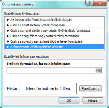 Új formázási szabály megadásának ablaka.
