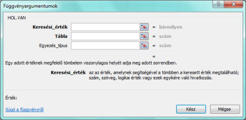Képernyőkép a függvényvarázsló ablakáról. Benne a függvényargumentumok és az első argumentum leírása látható.