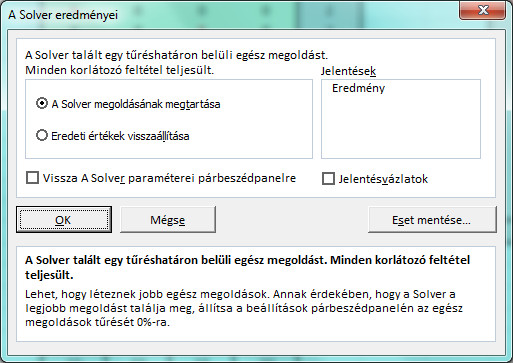&#34;A Solver eredményei&#34; ablak.