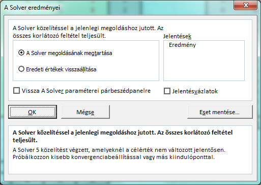 &#34;A Solver eredményei&#34; ablak.