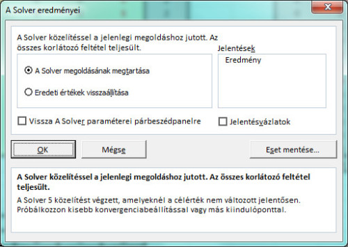 &#34;A Solver eredményei&#34; ablak.