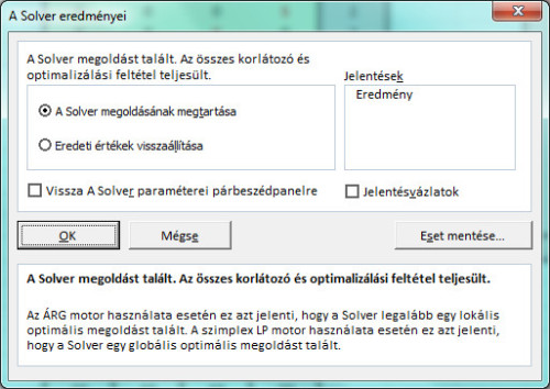 &#34;A Solver eredményei&#34; ablak.
