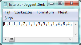 A képen a forrásfájl látható, melyben az adatok egyetlen sorban, vesszővel és szóközzel elválasztva szerepelnek.