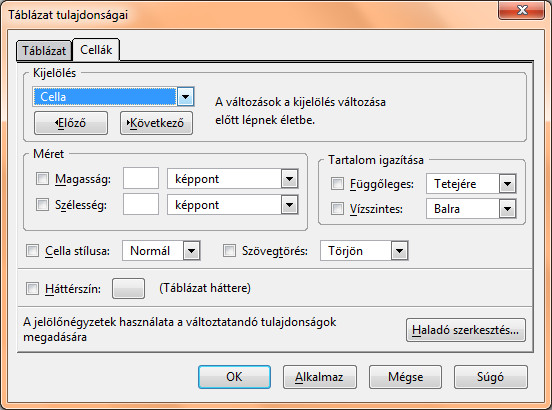 Táblázat tulajdonságai párbeszédablak: cellák, sorok, oszlopok beállításai