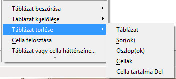 Táblázat törlése esetén akár cellát, sorokat, vagy oszlopokat is törölhetünk